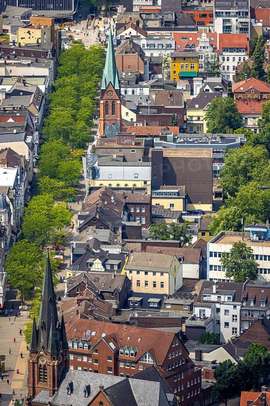 Aerial view, Kreuzkirche at the entrance of Bahnhofstraße pedestrian zone with green trees, above the St. Boniface Church, Herne-Mitte, Herne, Ruhr area, North Rhine-Westphalia, Germany, place of worship, DE, shopping street, Europe, pedestrian area, pedestrian zone, religious community, place of worship, holy place, church, parish, denomination, aerial view, aerial photography, aerial photography, religion, religious site, overview, bird's-eye view, overview, HernerechtsderA43