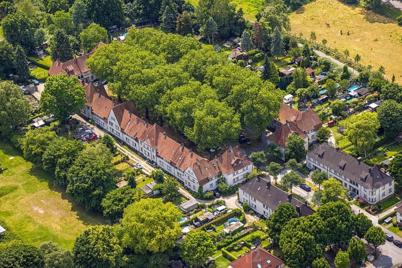 Aerial view, housing estate settlement Teutoburgia miners' settlement with group of trees in the inner courtyard, also garden city Teutoburgia, Börnig, Herne, Ruhr area, North Rhine-Westphalia, Germany, workers' houses, workers' settlement, tree avenue, tree growth, miners' settlement, mining settlement, DE, monument protection, Europe, green trees, aerial view, aerial photography, aerial photography, housing estate, overview, bird's-eye view, housing estate, colliery houses, colliery housing estate, birds-eyes view, green planting, green lung, overview, social housing, HernerechtsderA43