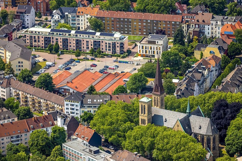 Aerial view, market place Siepenstraße and Herz-Jesu-Kirche, Herne-Mitte, Herne, Ruhr area, North Rhine-Westphalia, Germany, DE, Europe, aerial view, aerial photography, aerial photography, overview, birds-eyes view, overview, HernerechtsderA43