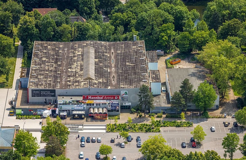 Aerial view, Hannibal-Arena ice rink in Revierpark Gysenberg, Börnig, Herne, Ruhr area, North Rhine-Westphalia, Germany, DE, Europe, aerial view, aerial photography, aerial photography, overview, bird's-eye view, overview, HernerechtsderA43
