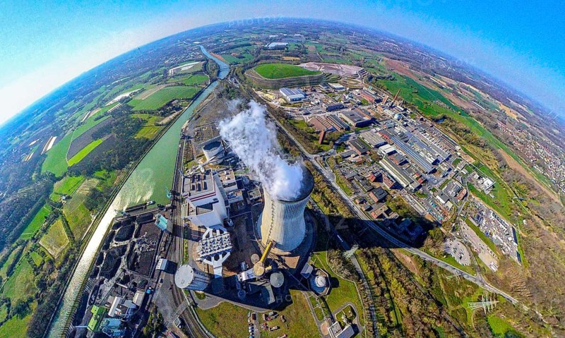 Aerial view, Trianel Kohlekraftwerk Lünen GmbH at the Datteln-Hamm canal, cooling tower with smoke cloud, earth globe, fisheye image, fisheye image, 360 degree image, tiny world, little planet, fisheye image, Lippholthausen, Lünen, Ruhr area, North Rhine-Westphalia, Germany, DE, Europe, fisheye lens, fisheye lens, Lünen-Stummhafen power station, aerial view, aerial photography, aerial photography, smoke cloud, super wide angle lens, overview, bird's eye view, birds-eyes view, fisheye lens, insta360 camera, overview