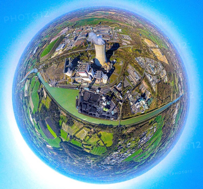 Aerial view, Trianel Kohlekraftwerk Lünen GmbH at the Datteln-Hamm canal, cooling tower with smoke cloud, earth globe, fisheye image, fisheye image, 360 degree image, tiny world, little planet, fisheye image, Lippholthausen, Lünen, Ruhr area, North Rhine-Westphalia, Germany, DE, Europe, fisheye lens, fisheye lens, Lünen-Stummhafen power station, aerial view, aerial photography, aerial photography, smoke cloud, super wide angle lens, overview, bird's eye view, birds-eyes view, fisheye lens, insta360 camera, overview