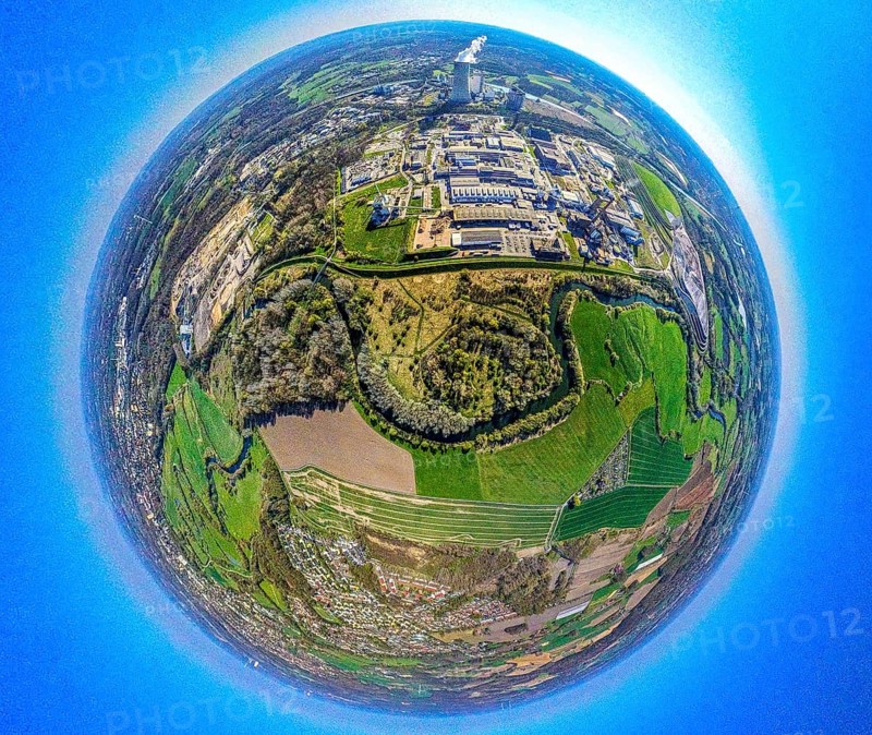 Aerial view, Lippe floodplain nature reserve from Lünen to Horst lock, Buddenburg castle memorial memorial, Lippholthausen industrial estate, globe, fisheye image, 360 degree image, tiny world, little planet, fisheye image, Lippholthausen, Lünen, Ruhr area, North Rhine-Westphalia, Germany, DE, Europe, fisheye lens, fisheye lens, commercial enterprises, commercial area, commercial area, commercial property, commercial park, commercial location, commercial use, industrial area, industrial location, aerial photography, aerial photography, aerial photography, super wide angle lens, overview, bird's eye view, birds-eyes view, fisheye lens, insta360 camera, overview