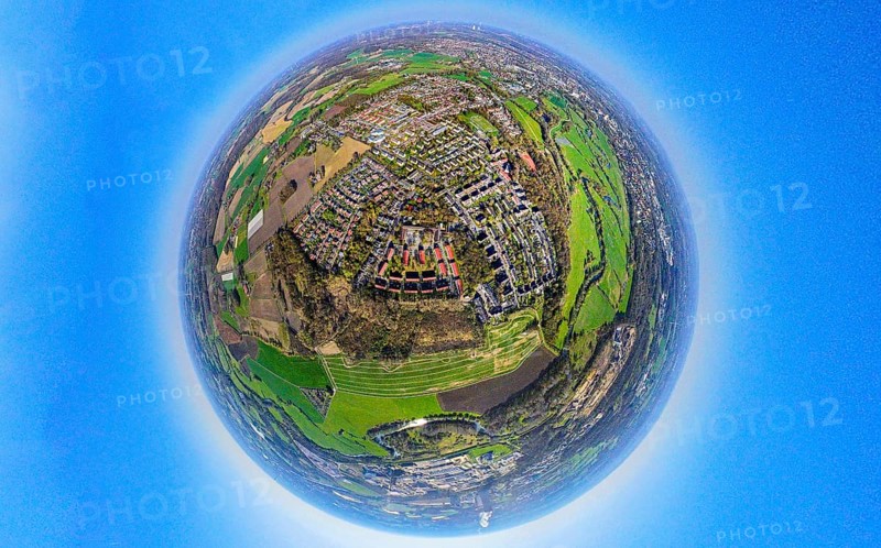Aerial view, residential area, local view Alstedde, earth globe, fisheye shot, 360 degree shot, tiny world, little planet, fisheye image, Alstedde, Lünen, Ruhr area, North Rhine-Westphalia, Germany, DE, Europe, fisheye lens, fisheye lens, property tax, real estate, aerial photography, aerial photography, super wide-angle lens, overview, bird's-eye view, housing estate, housing and living, residential area, quality of living, residential neighbourhood, housing estate, residential area, birds-eyes view, fisheye lens, insta360 camera, overview