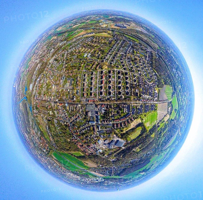 Aerial photo, residential area, local view Lünen-North, globe, fisheye shot, 360 degree shot, tiny world, little planet, fisheye image, Nordlünen, Lünen, Ruhr area, North Rhine-Westphalia, Germany, DE, Europe, fisheye lens, fisheye lens, property tax, real estate, aerial photography, aerial photography, super wide angle lens, overview, bird's eye view, housing estate, housing and living, residential area, quality of living, residential neighbourhood, housing estate, residential area, birds-eyes view, fisheye lens, insta360 camera, overview