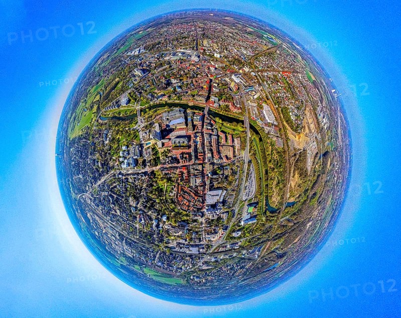 Aerial photo, Lünen Mitte residential area local view centre and river Lippe, earth globe, fisheye image, fisheye image, 360 degree image, tiny world, little planet, fisheye image, Lünen, Ruhr area, North Rhine-Westphalia, Germany, DE, Europe, fisheye lens, fisheye lens, property tax, real estate, aerial photography, aerial photography, aerial photography, super wide angle lens, overview, bird's eye view, housing estate, housing and living, residential area, quality of living, residential neighbourhood, housing estate, residential area, birds-eyes view, fisheye lens, insta360 camera, overview