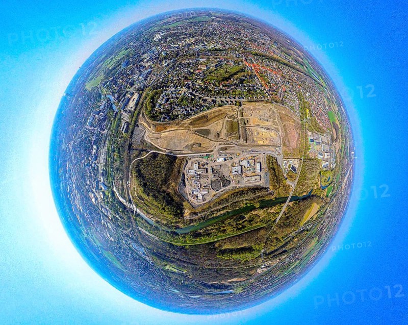 Aerial view, brownfield area Landschaftspark Viktoria Westfaliastraße for planned IGA 2027 and future garden, Alte Viktoriazeche, Lünen Ost, earth globe, fisheye image, fisheye image, 360 degree image, tiny world, little planet, fisheye image, Lünen, Ruhr area, North Rhine-Westphalia, Germany, DE, Europe, fisheye lens, fisheye lens, aerial view, aerial photography, aerial photography, super wide angle lens, overview, bird's eye view, birds-eyes view, fisheye lens, insta360 camera, overview