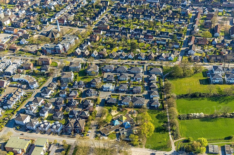 Aerial view, single-family house residential area Rudolph-Nagell-Straße, Nordlünen, Lünen, Ruhr area, North Rhine-Westphalia, Germany, DE, Europe, property tax, real estate, aerial view, aerial photography, aerial photography, Münsterland, overview, bird's-eye view, residential complex, living and living, residential area, quality of living, residential neighbourhood, housing estate, residential area, birds-eyes view, overview