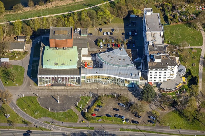 Aerial photo, Heinz-Hilpert-Theater, Hansesaal and Ringhotel Am Stadtpark, Lünen, Ruhr area, North Rhine-Westphalia, Germany, DE, Europe, events, culture, art, aerial photography, aerial photography, aerial photography, Münsterland, theatre, overview, events, venue, event location, event centre, bird's eye view, birds-eyes view, cultural use, overview