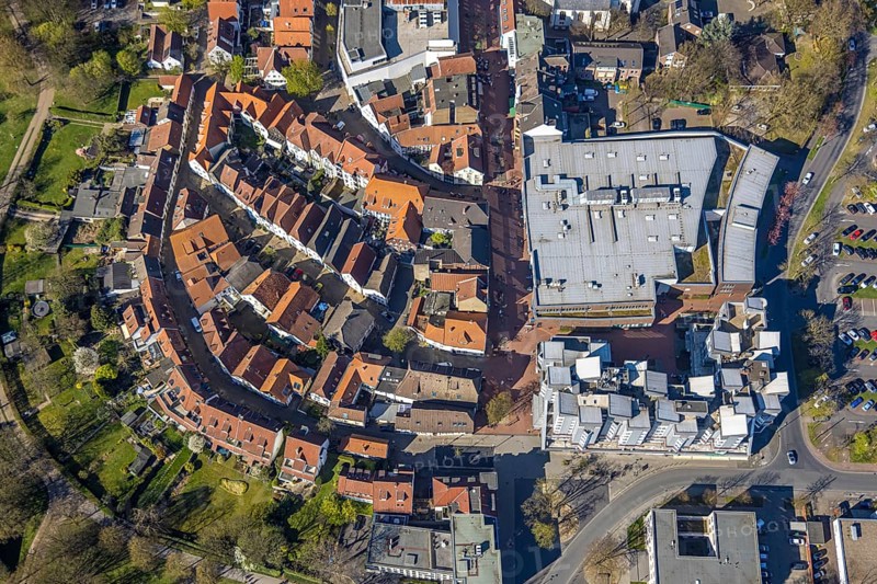 Aerial view, shopping centre at Christinentor, office high-rise buildings at Christinentor, old town old quarter historic houses with red roofs Silberstraße, Lünen, Ruhr area, North Rhine-Westphalia, Germany, DE, Europe, aerial view, aerial photography, aerial photography, Münsterland, overview, bird's eye view, birds-eyes view, overview