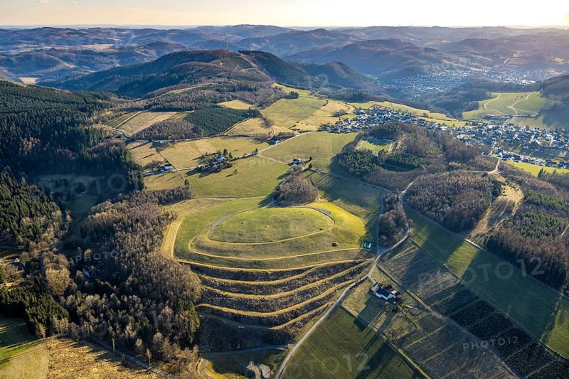 Aerial view, terraced meadow and field, with forest and hilly landscape Stöppel, Halberbracht, Lennestadt, Sauerland, North Rhine-Westphalia, Germany, DE, Europe, aerial view, aerial photography, aerial photography, overview, bird's-eye view, overview