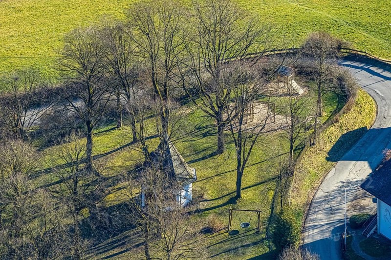Aerial view, playground and St Mary's Chapel on the Kippel, Grevenbrück, Lennestadt, Sauerland, North Rhine-Westphalia, Germany, DE, Europe, chapel, church, aerial view, aerial photography, aerial photography, overview, bird's-eye view, overview