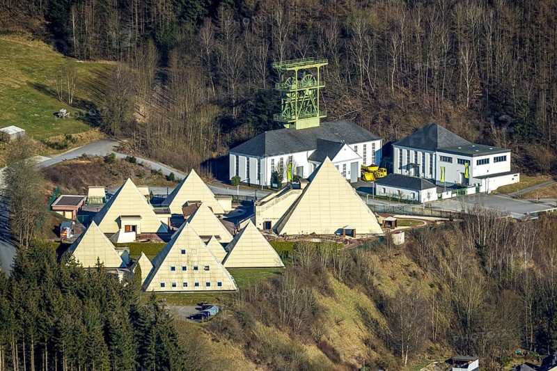 Aerial view, Galileo Park, Sauerland Pyramids, Mining Museum Siciliaschacht with winding tower, Meggen, Lennestadt, Sauerland, North Rhine-Westphalia, Germany, DE, Europe, aerial view, aerial photography, aerial photography, sight, tower, overview, bird's-eye view, overview