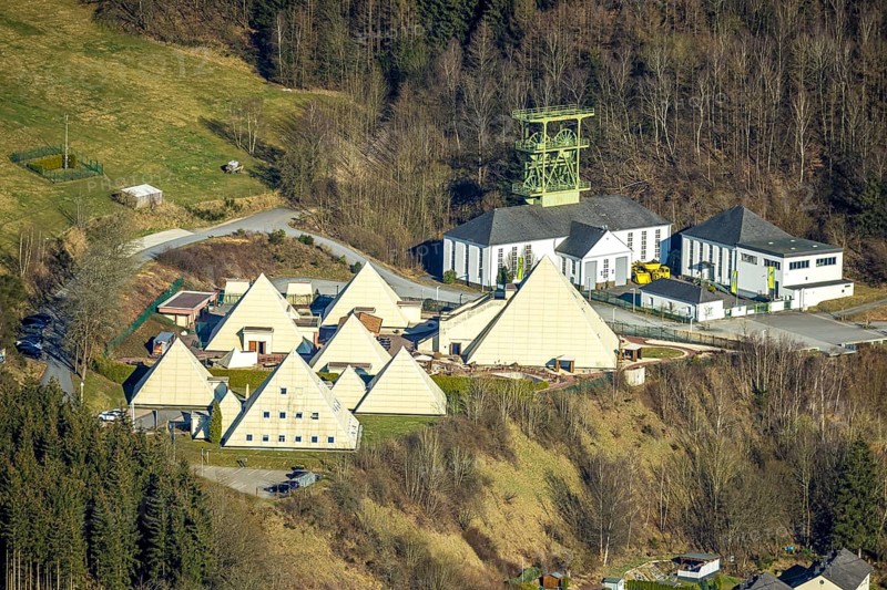 Aerial view, Galileo Park, Sauerland Pyramids, Mining Museum Siciliaschacht with winding tower, Meggen, Lennestadt, Sauerland, North Rhine-Westphalia, Germany, DE, Europe, aerial view, aerial photography, aerial photography, sight, tower, overview, bird's-eye view, overview