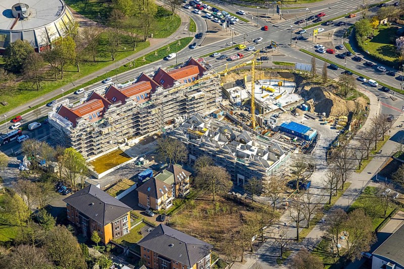 Aerial view, construction site with new building at Langestraße 100 between Lange Straße and Kurt-Schumacher-Straße, Lünen, Ruhr area, North Rhine-Westphalia, Germany, construction work, construction area, building site, building plots, construction project, construction site, DE, Europe, aerial view, aerial photography, aerial photography, Münsterland, overview, bird's-eye view, overview