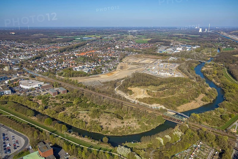 Aerial view, construction area Westfaliastraße, Alte Viktoriazeche and river Lippe, Lünen, Ruhr area, North Rhine-Westphalia, Germany, construction work, construction area, building site, building plots, construction project, construction site, DE, Europe, aerial view, aerial photography, aerial photography, Münsterland, overview, bird's eye view, birds-eyes view, overview