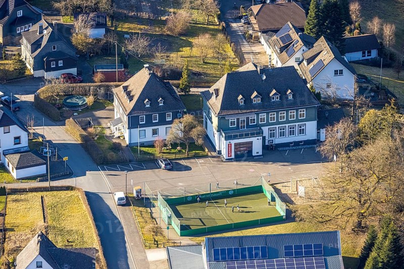 Aerial view, fire brigade fire brigade group Halberbracht and football pitch, Halberbracht, Lennestadt, Sauerland, North Rhine-Westphalia, Germany, DE, Europe, aerial view, aerial photography, aerial photography, overview, bird's-eye view, overview