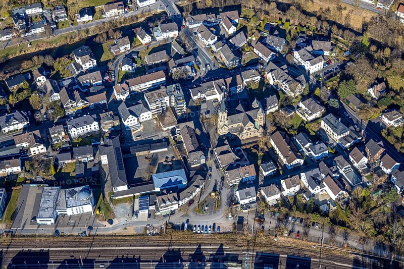 Aerial view, Church of St. Bartholomew and Franciscus School Primary School, Ditib Mosque, Meggen, Lennestadt, Sauerland, North Rhine-Westphalia, Germany, place of worship, education, educational institution, DE, Europe, religious community, place of worship, primary school, holy place, church, parish, denomination, educational institute, aerial view, aerial photography, aerial photography, religion, religious site, school, overview, bird's eye view, birds-eyes view, overview