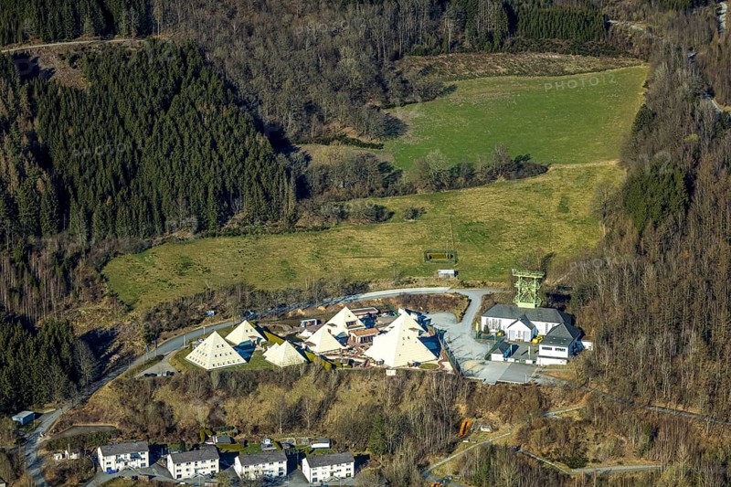 Aerial view, Galileo Park, Sauerland Pyramids, Mining Museum Siciliaschacht with winding tower, Meggen, Lennestadt, Sauerland, North Rhine-Westphalia, Germany, DE, Europe, aerial view, aerial photography, aerial photography, sight, tower, overview, bird's-eye view, overview
