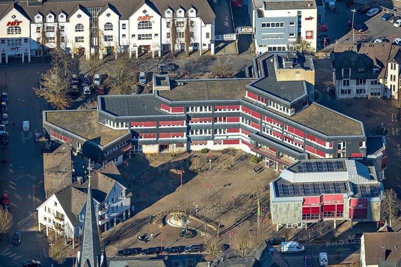 Aerial view, Lennestadt town hall and Thomas-Morus-Platz, spire of St. Agatha church, Altenhundem, Lennestadt, Sauerland, North Rhine-Westphalia, Germany, place of worship, authority, DE, Europe, religious community, place of worship, holy place, church, parish, denomination, aerial view, aerial photography, aerial photography, town hall, religion, religious site, city administration, overview, bird's eye view, birds-eyes view, overview