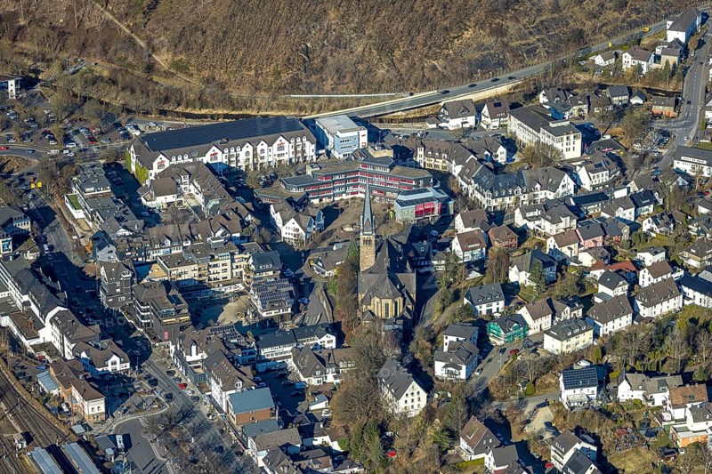 Aerial view, City centre with town hall and church St. Agatha and market place, HIT shopping centre, Altenhundem, Lennestadt, Sauerland, North Rhine-Westphalia, Germany, place of worship, authority, DE, shopping centre, shopping markets, shopping place, shopping centre, Europe, religious community, place of worship, holy place, church, parish, denomination, aerial view, aerial photography, aerial photography, local supply centre, town hall, religion, religious place, shopping centre, city administration, overview, bird's eye view, birds-eyes view, overview