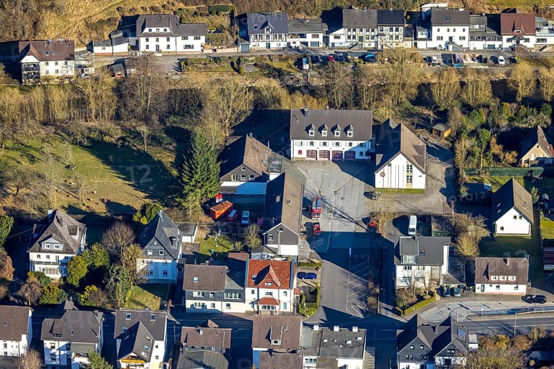 Aerial photo, fire brigade fire brigade group Meggen, Meggen, Lennestadt, Sauerland, North Rhine-Westphalia, Germany, fire fighter, fire protection, fire watch, DE, Europe, fire brigade, fire brigade, fire engine, aerial photo, aerial photography, aerial photography, rescue station, overview, bird's-eye view, overview
