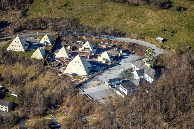 Aerial view, Galileo Park, Sauerland Pyramids, Mining Museum Siciliaschacht with winding tower, Meggen, Lennestadt, Sauerland, North Rhine-Westphalia, Germany, DE, Europe, aerial view, aerial photography, aerial photography, sight, tower, overview, bird's-eye view, overview