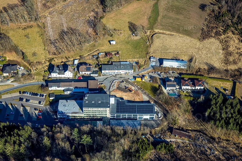 Aerial view, Burgweg industrial estate with Bals Elektrotechnik GmbH electrical appliance supplier, construction site, Albaum, Kirchhundem, Sauerland, North Rhine-Westphalia, Germany, construction work, construction area, building site, building plots, construction measure, construction project, DE, Europe, commercial enterprises, commercial area, commercial property, commercial site, commercial use, industrial area, industrial site, aerial photograph, aerial photography, aerial photography, overview, bird's eye view, birds-eyes view, overview