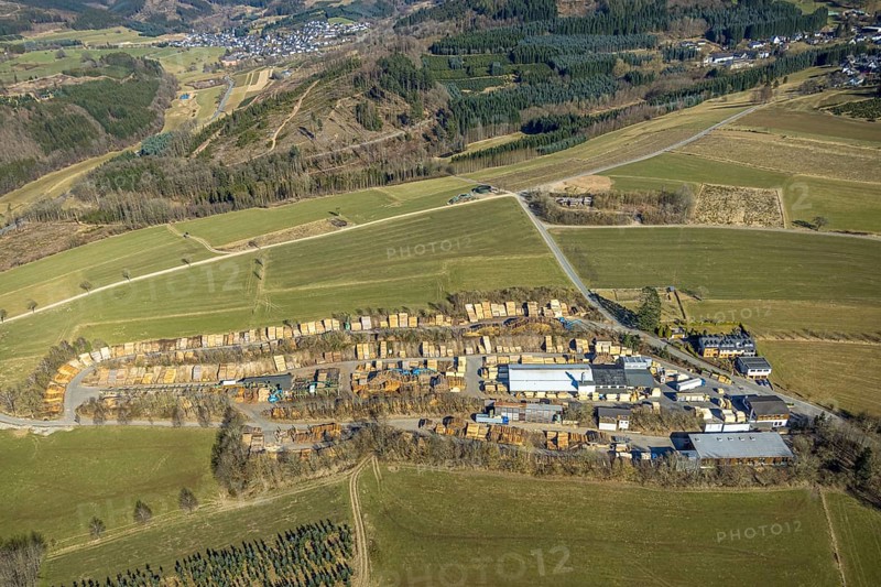 Aerial view, Jürgens Holzbearbeitung GmbH sawmill, forest area hilly landscape with forest damage, Marmecke, Kirchhundem, Sauerland, North Rhine-Westphalia, Germany, DE, Europe, aerial view, aerial photography, aerial photography, overview, bird's-eye view, overview