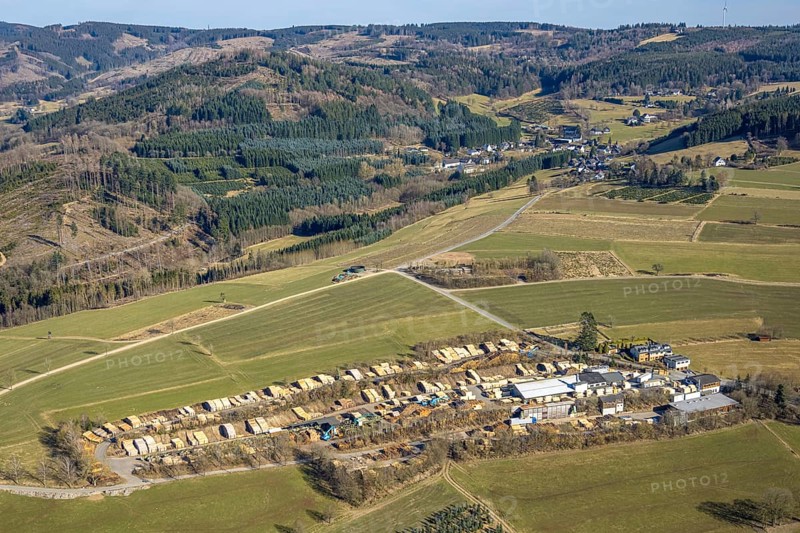 Aerial view, Jürgens Holzbearbeitung GmbH sawmill, forest area hilly landscape with forest damage, Marmecke, Kirchhundem, Sauerland, North Rhine-Westphalia, Germany, DE, Europe, aerial view, aerial photography, aerial photography, overview, bird's-eye view, overview