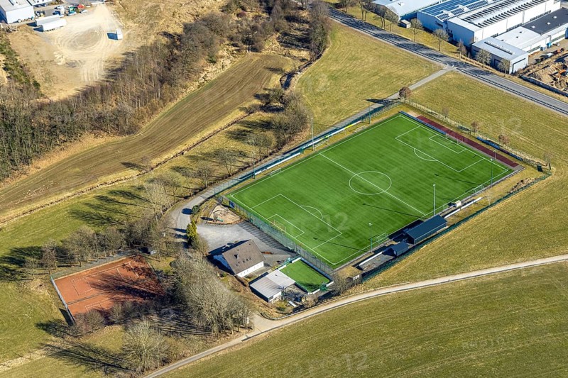 Aerial photo, football stadium sports ground SV Rahrbachtal 1989 e.V., Rahrbach, Kirchhundem, Sauerland, North Rhine-Westphalia, Germany, DE, Europe, football pitch, football stadium, aerial photo, aerial photography, aerial photography, sports, sports facilities, sports ground, sports facility, stadium, overview, bird's-eye view, overview