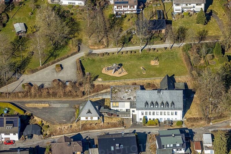 Aerial view, Alte Schule Hochstraße and playground Rahrbach, Rahrbach, Kirchhundem, Sauerland, North Rhine-Westphalia, Germany, education, educational institution, DE, Europe, educational institute, aerial view, aerial photography, aerial photography, school, overview, bird's-eye view, overview