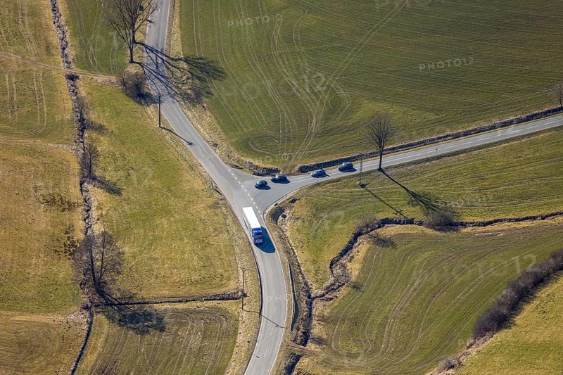 Aerial view, crossroads at Kruberger Bach, L711 road, Kruberg, Kirchhundem, Sauerland, North Rhine-Westphalia, Germany, DE, Europe, aerial view, aerial photography, aerial photography, overview, bird's-eye view, overview