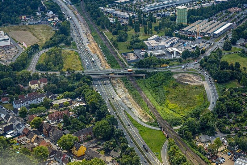 Aerial view, large construction site motorway junction Herne with tunnel construction, motorway A43 between Recklinghausen Emscher- and Rhein-Herne-Kanal overpass and exit Bochum Riehmke, motorway A42, Baukau-West, Herne, Ruhr area, North Rhine-Westphalia, Germany, construction work, construction area, building site, building plots, construction project, building site, Europe, large construction site #Herne #aerial view #aerial photography #aerial photography #aerial photography #North Rhine-Westphalia #North Rhine-Westphalia #Ruhr area #overview #bird perspective