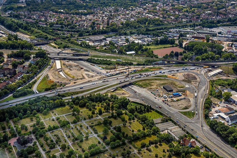 Aerial view, large construction site motorway junction Herne with tunnel construction, motorway A43 between Recklinghausen Emscher- and Rhein-Herne-Kanal overpass and exit Bochum Riehmke, motorway A42, Baukau-West, Herne, Ruhr area, North Rhine-Westphalia, Germany, construction work, construction area, building site, building plots, construction project, building site, Europe, large construction site #Herne #aerial view #aerial photography #aerial photography #aerial photography #North Rhine-Westphalia #North Rhine-Westphalia #Ruhr area #overview #bird perspective