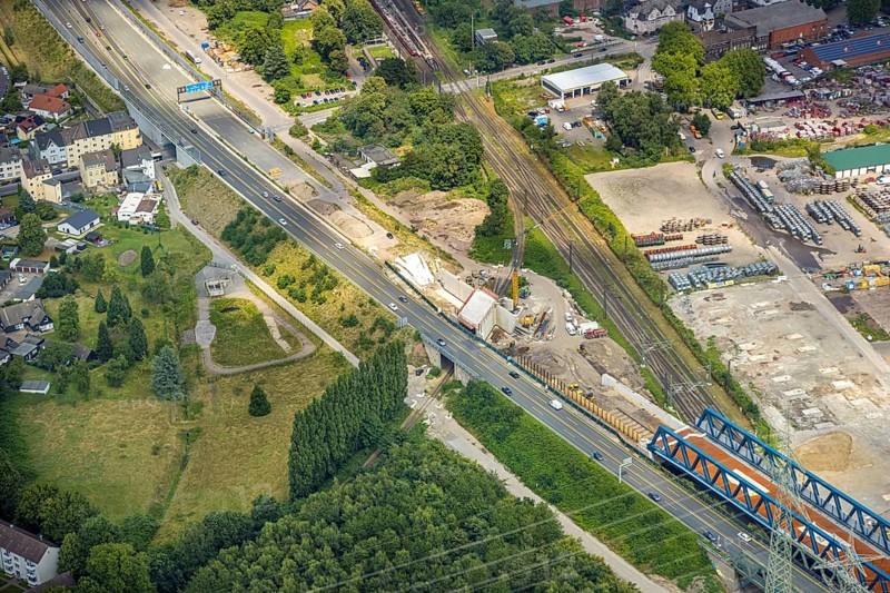 Aerial view, large construction site motorway junction Herne with tunnel construction, motorway A43 between Recklinghausen Emscher- and Rhein-Herne-Kanal overpass and exit Bochum Riehmke, motorway A42, Baukau-West, Herne, Ruhr area, North Rhine-Westphalia, Germany, construction work, construction area, building site, building plots, construction project, building site, Europe, large construction site #Herne #aerial view #aerial photography #aerial photography #aerial photography #North Rhine-Westphalia #North Rhine-Westphalia #Ruhr area #overview #bird perspective