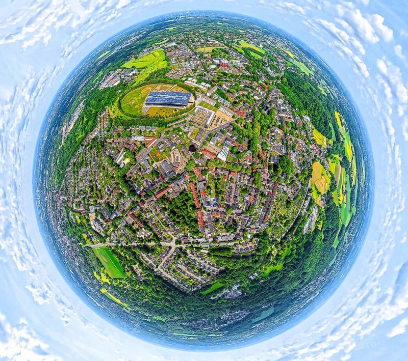 Residential area local view Sodingen with academy Mont-Cenis and tree avenue circle, globe, fisheye shot, fisheye shot, 360 degree shot, tiny world, little planet, fisheye image, Sodingen, Herne, Ruhr area, North Rhine-Westphalia, Germany, DE, Europe, fisheye lens, fisheye lens, aerial view, aerial photography, aerial photography, super wide angle lens, overview, bird's eye view, birds-eyes view, fisheye lens, insta360 camera, overview