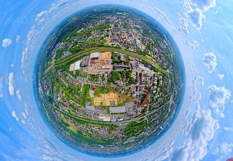 Construction site with new building for new FunkenbergQuartier on Fabrikstraße with police academy university, earth globe, fisheye image, 360 degree image, tiny world, little planet, fisheye image, Baukau, Herne, Ruhr area, North Rhine-Westphalia, Germany, construction work, construction area, construction site, building site, building project, construction project, construction site, DE, Europe, fisheye lens, fisheye lens, university, aerial view, aerial photography, aerial photography, aerial photography, new building, police, super wide angle lens, overview, bird's eye view, fisheye lens, insta360 camera, overview