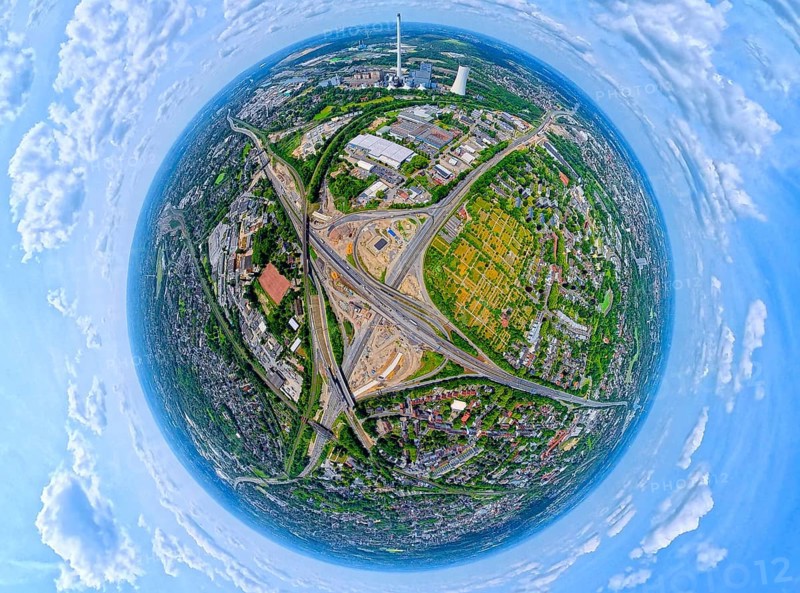 Motorway junction Herne major construction site, motorway A42 and motorway A43, STEAG cogeneration plant Herne at the Rhine-Herne Canal, earth globe, fisheye image, fisheye image, 360 degree image, tiny world, little planet, fisheye image, Baukau, Herne, Ruhr area, North Rhine-Westphalia, Germany, DE, Europe, fisheye lens, fisheye lens, aerial view, aerial photography, aerial photography, aerial photography, super wide angle lens, overview, bird's eye view, birds-eyes view, fisheye lens, insta360 camera, overview