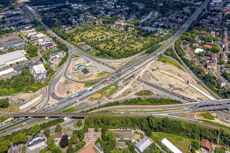 Aerial view, large construction site motorway junction Herne with tunnel construction, motorway A43 between Recklinghausen Emscher- and Rhein-Herne-Kanal overpass and exit Bochum Riehmke, motorway A42, Baukau-West, Herne, Ruhr area, North Rhine-Westphalia, Germany, construction work, construction area, building site, building plots, construction project, building site, Europe, large construction site #Herne #aerial view #aerial photography #aerial photography #aerial photography #North Rhine-Westphalia #North Rhine-Westphalia #Ruhr area #overview #bird perspective