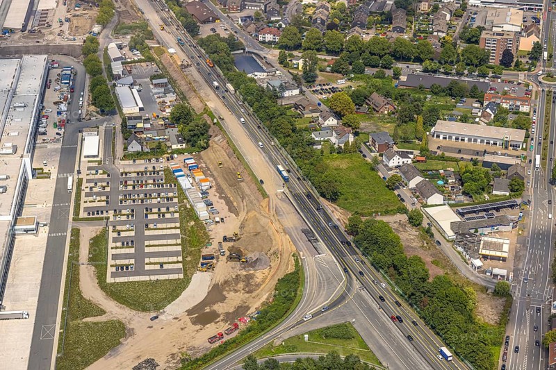 Aerial view, large construction site motorway junction Herne with tunnel construction, motorway A43 between Recklinghausen Emscher- and Rhein-Herne-Kanal overpass and exit Bochum Riehmke, motorway A42, Baukau-West, Herne, Ruhr area, North Rhine-Westphalia, Germany, construction work, construction area, building site, building plots, construction project, building site, Europe, large construction site #Herne #aerial view #aerial photography #aerial photography #aerial photography #North Rhine-Westphalia #North Rhine-Westphalia #Ruhr area #overview #bird perspective