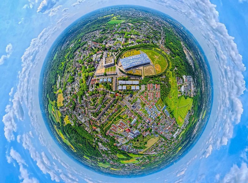 Residential area local view Sodingen with academy Mont-Cenis and tree avenue circle, globe, fisheye shot, fisheye shot, 360 degree shot, tiny world, little planet, fisheye image, Sodingen, Herne, Ruhr area, North Rhine-Westphalia, Germany, DE, Europe, fisheye lens, fisheye lens, aerial view, aerial photography, aerial photography, super wide angle lens, overview, bird's eye view, birds-eyes view, fisheye lens, insta360 camera, overview