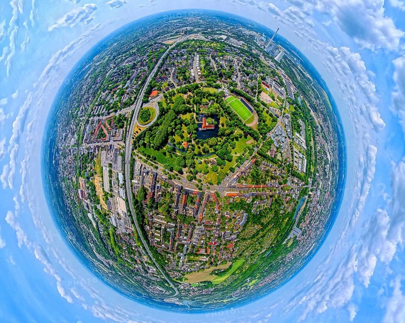 Strünkede Castle moated castle with castle garden, Edeka-Koch-Sportpark football stadium of SC Westfalia 04 Herne e. V., Motorway A42, globe, fisheye shot, fisheye shot, 360 degree shot, tiny world, little planet, fisheye image, Baukau, Herne, Ruhr area, North Rhine-Westphalia, Germany, DE, Europe, fisheye lens, fisheye lens, aerial view, aerial photography, aerial photography, aerial photography, super wide angle lens, overview, bird's eye view, birds-eyes view, fisheye lens, insta360 camera, overview