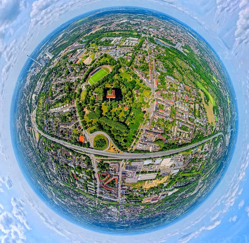 Strünkede Castle moated castle with castle garden, Edeka-Koch-Sportpark football stadium of SC Westfalia 04 Herne e. V., Motorway A42, globe, fisheye shot, fisheye shot, 360 degree shot, tiny world, little planet, fisheye image, Baukau, Herne, Ruhr area, North Rhine-Westphalia, Germany, DE, Europe, fisheye lens, fisheye lens, aerial view, aerial photography, aerial photography, aerial photography, super wide angle lens, overview, bird's eye view, birds-eyes view, fisheye lens, insta360 camera, overview