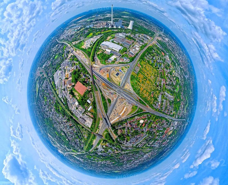 Motorway junction Herne major construction site, motorway A42 and motorway A43, STEAG cogeneration plant Herne at the Rhine-Herne Canal, earth globe, fisheye image, fisheye image, 360 degree image, tiny world, little planet, fisheye image, Baukau, Herne, Ruhr area, North Rhine-Westphalia, Germany, DE, Europe, fisheye lens, fisheye lens, aerial view, aerial photography, aerial photography, aerial photography, super wide angle lens, overview, bird's eye view, birds-eyes view, fisheye lens, insta360 camera, overview