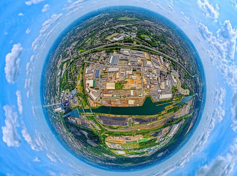 Industrial area Heerstraße Crange at the Rhine-Herne Canal and motorway A42, globe, fisheye image, 360 degree image, tiny world, little planet, fisheye image, Unser Fritz, Herne, Ruhr area, North Rhine-Westphalia, Germany, DE, Europe, fisheye lens, fisheye lens, commercial enterprises, commercial area, commercial area, commercial property, commercial park, commercial site, commercial use, industrial area, industrial site, aerial view, aerial photograph, aerial photography, aerial photography, super wide angle lens, overview, bird's eye view, birds-eyes view, fisheye lens, insta360 camera, overview