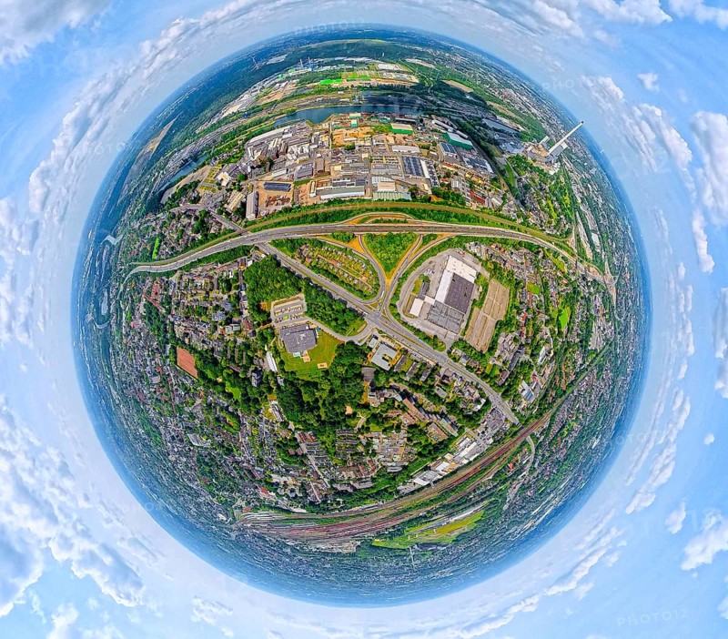 Industrial area Heerstraße Crange at the Rhine-Herne-Canal and motorway A42 with triangle Herne-Crange, earth globe, fisheye image, 360 degree image, tiny world, little planet, fisheye image, Unser Fritz, Herne, Ruhr area, North Rhine-Westphalia, Germany, DE, Europe, fisheye lens, fisheye lens, commercial enterprises, commercial area, commercial area, commercial property, commercial park, commercial location, commercial use, industrial area, industrial location, aerial view, aerial photograph, aerial photography, aerial photography, super wide angle lens, Toy FoodSystem GmbH, overview, bird's eye view, birds-eyes view, fisheye lens, insta360 camera, overview