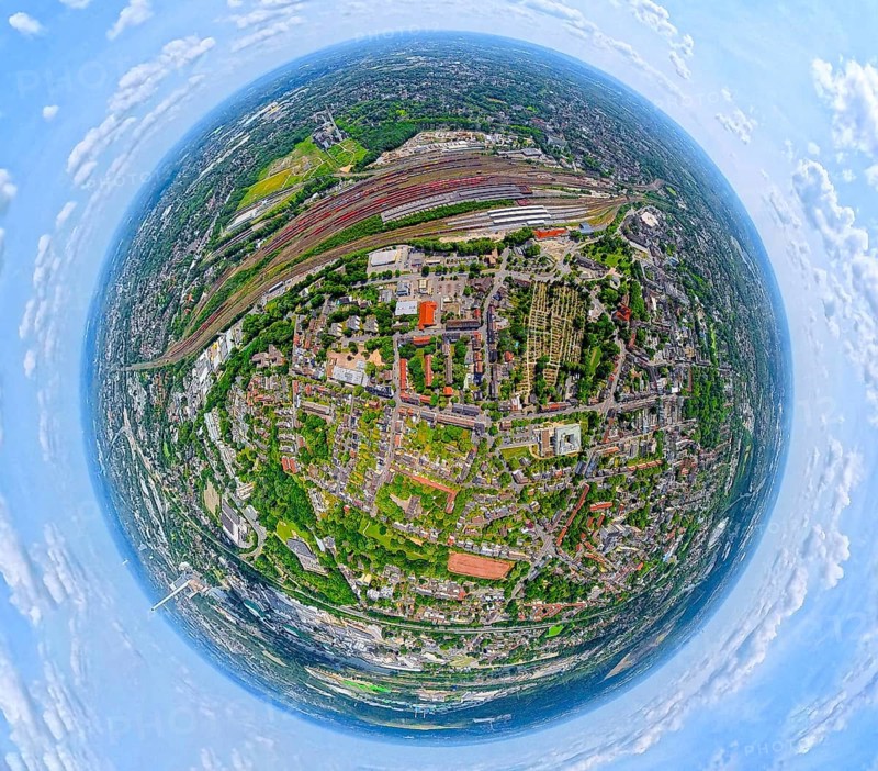 Deutsche Bahn AG freight station and main station Wanne-Eickel, cemetery Wanne-Mitte, earth globe, fisheye image, 360 degree image, tiny world, little planet, fisheye image, Wanne, Herne, Ruhr area, North Rhine-Westphalia, Germany, railway area, railway station, burial ground, DE, Deutsche Bahn AG, Europe, fisheye lens, fisheye lens, cemetery, memorial, railway tracks, tracks, burial ground, graves, burial ground, central station, main station, aerial view, aerial photography, aerial photography, aerial photography, resting place, super wide angle lens, overview, bird's eye view, fisheye lens, insta360 camera, overview