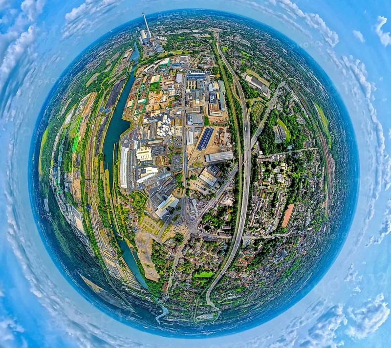 Industrial area Heerstraße Crange at the Rhine-Herne Canal and motorway A42, globe, fisheye image, 360 degree image, tiny world, little planet, fisheye image, Unser Fritz, Herne, Ruhr area, North Rhine-Westphalia, Germany, DE, Europe, fisheye lens, fisheye lens, commercial enterprises, commercial area, commercial area, commercial property, commercial park, commercial site, commercial use, industrial area, industrial site, aerial view, aerial photograph, aerial photography, aerial photography, super wide angle lens, overview, bird's eye view, birds-eyes view, fisheye lens, insta360 camera, overview