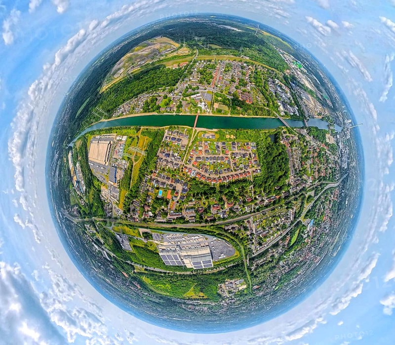 Rhine-Herne Canal and Artists' Colliery Unser Fritz 2/3 Venue, Earth globe, fisheye image, fisheye image, 360 degree image, tiny world, little planet, fisheye image, Unser Fritz, Herne, Ruhr area, North Rhine-Westphalia, Germany, DE, Europe, events, fisheye lens, fisheye lens, culture, art, aerial view, aerial photography, aerial photography, aerial photography, super wide angle lens, overview, venue, event location, event centre, bird's eye view, birds-eyes view, fisheye lens, insta360 camera, cultural use, overview